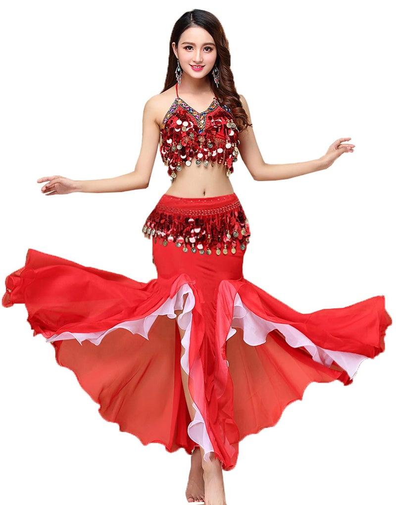 ORIDOOR Women's Belly Dance Dress Set - Red, One Size - Bra Top, Waist Belt, Chiffon Skirt - 35.5" Length - Hand Wash Only - Image 1